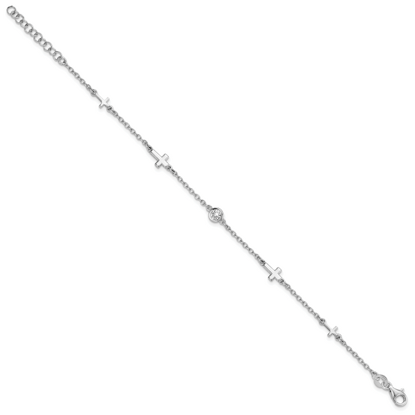 Leslie's Sterling Silver Rhodium-plated CZ Cross w/ 1in ext. Bracelet - Image 2