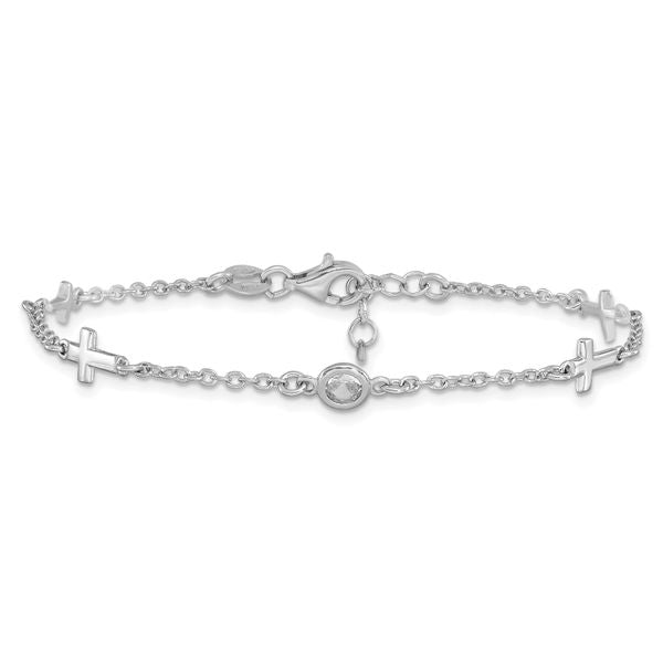 Leslie's Sterling Silver Rhodium-plated CZ Cross w/ 1in ext. Bracelet - Image 3