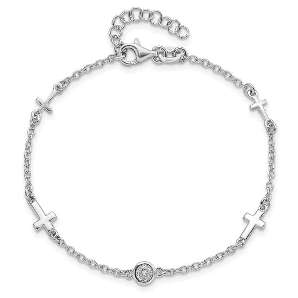 Leslie's Sterling Silver Rhodium-plated CZ Cross w/ 1in ext. Bracelet - Image 5