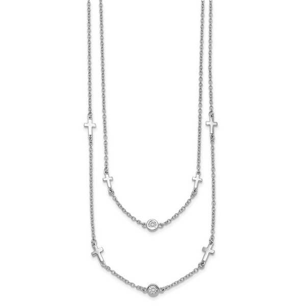 Leslie's Sterling Silver Rhod-pl CZ Cross Multi-strand w/ 2in ext. Necklace - Image 3