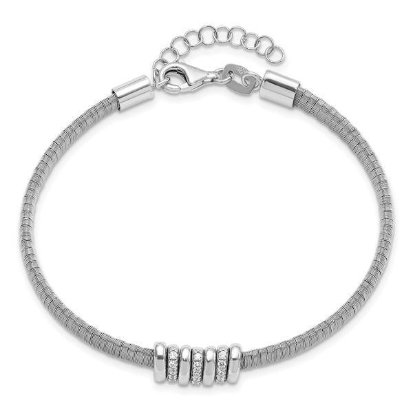 Sterling Silver RH-plated CZ w/1in Safety Chain Flex Bangle - Image 2