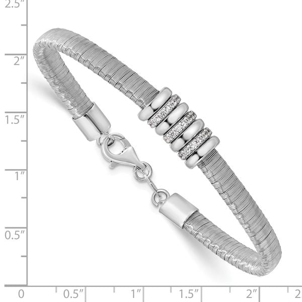 Sterling Silver RH-plated CZ w/1in Safety Chain Flex Bangle - Image 3