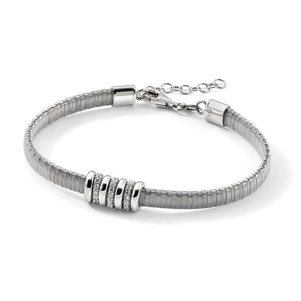 Sterling Silver RH-plated CZ w/1in Safety Chain Flex Bangle - Image 5