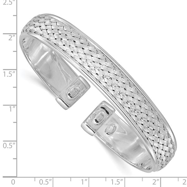 Sterling Silver Rhodium-plated Polished and Textured Cuff Bangle - Image 3