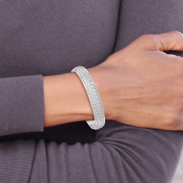 Sterling Silver Rhodium-plated Polished and Textured Cuff Bangle - Image 4