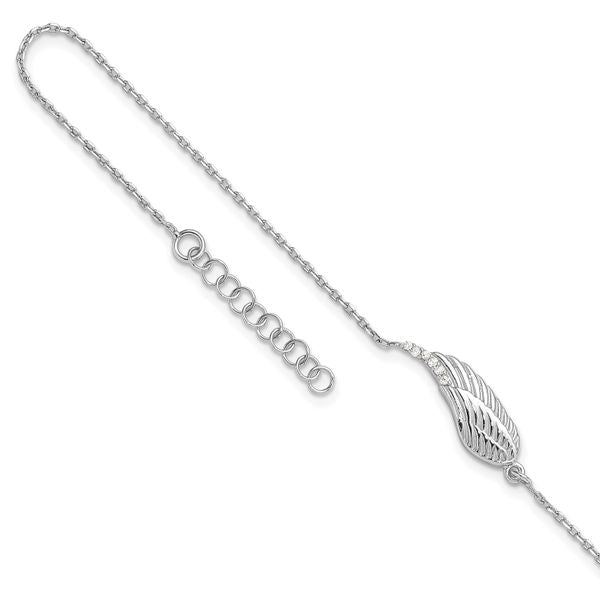 Leslie's Sterling Silver RH-plated CZ Angel Wing 9in. Plus 1in. ext. Anklet