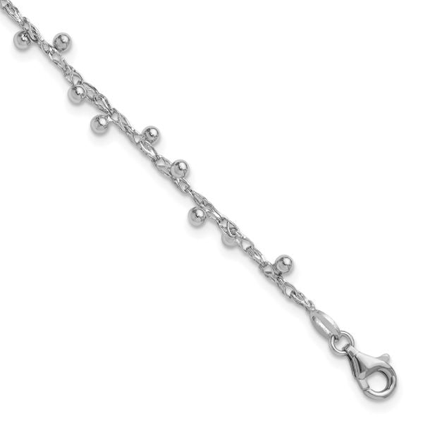 Leslie's Sterling Silver Rhod-plated Polished Beaded w/1in ext. Bracelet