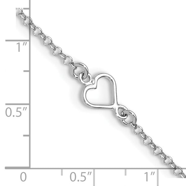 Leslie's Sterling Silver Rh-plated Polished Heart 9in PLUS 1in ext. Anklet - Image 5