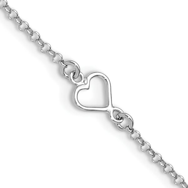 Leslie's Sterling Silver Rh-plated Polished Heart 9in PLUS 1in ext. Anklet