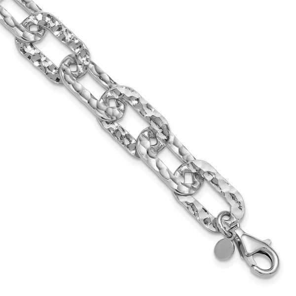 Leslie's Sterling Silver Rh-pl Polished/Hammered Fancy w/1in ext. Bracelet