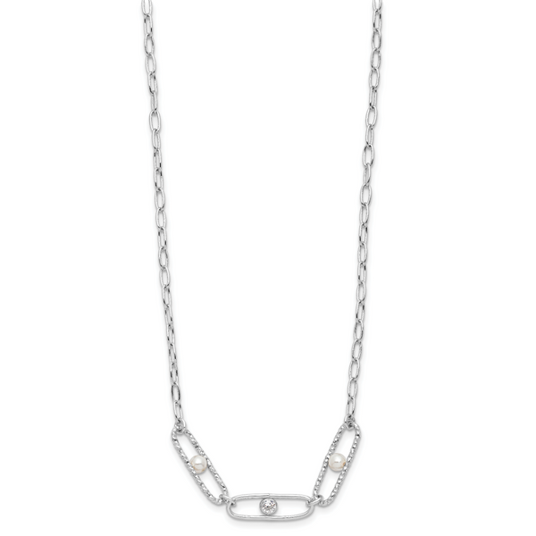 Leslie's Sterling Silver Rh-plated CZ and Crystal Pearl with 2in ext. Neckl - Image 2