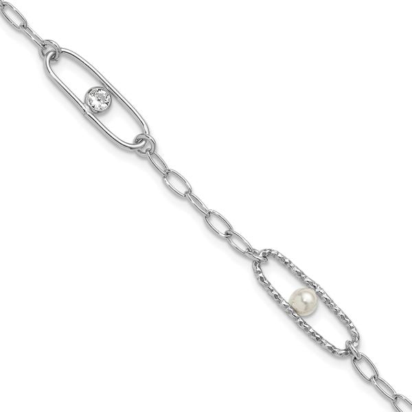 Leslie's Sterling Silver Rh-plated CZ and Crystal Pearl with 1in ext. Brace