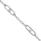 Leslie's Sterling Silver Rh-plated CZ and Crystal Pearl with 1in ext. Brace
