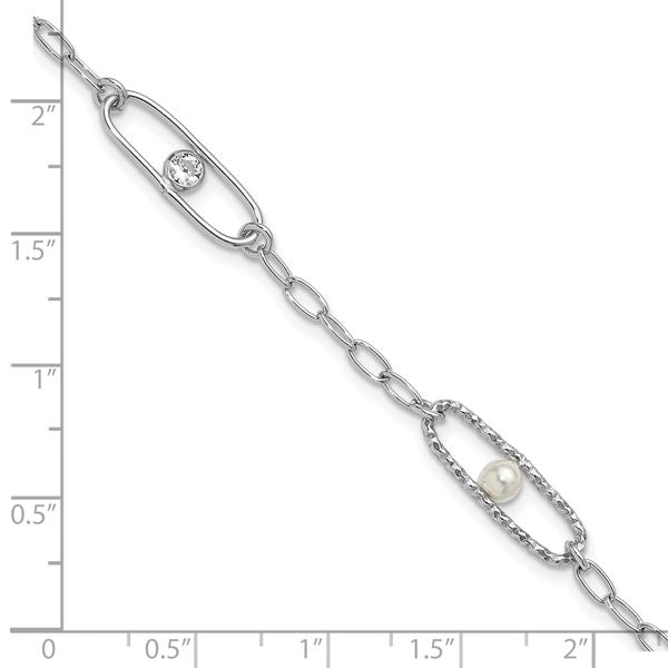Leslie's Sterling Silver Rh-plated CZ and Crystal Pearl with 1in ext. Brace - Image 5