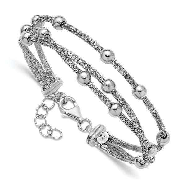 Leslie's SS RH-plated Polished 3-strand Bead w/1in ext. Bracelet - Image 3