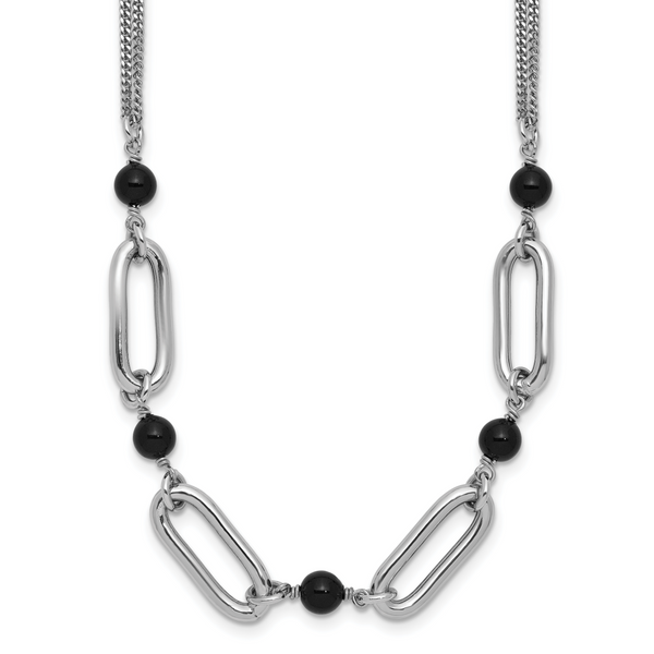 Leslie's SS RH-pltd Black Glass Pearl 2-Strand Link w/2in Ext Necklace