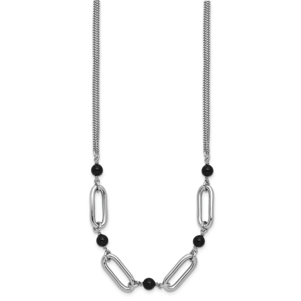 Leslie's SS RH-pltd Black Glass Pearl 2-Strand Link w/2in Ext Necklace - Image 2
