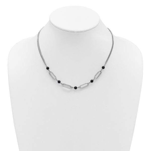 Leslie's SS RH-pltd Black Glass Pearl 2-Strand Link w/2in Ext Necklace - Image 3