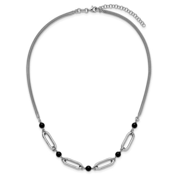Leslie's SS RH-pltd Black Glass Pearl 2-Strand Link w/2in Ext Necklace - Image 4