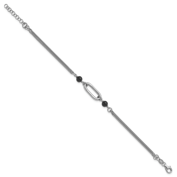 Leslie's SS RH-pltd Black Glass Pearl 2-Strand Link w/1in Ext Bracelet - Image 2