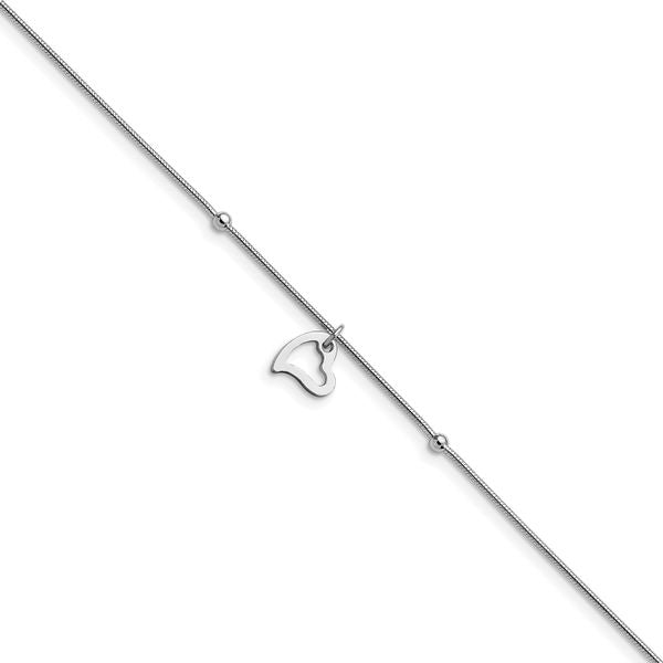 Leslie's Sterling Silver Rhodium-plated Polished Heart w/1in ext. Anklet