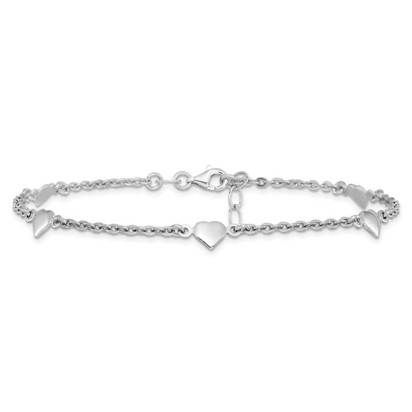 Leslie's Sterling Silver RH-plated Polished Heart 9in with 1in ext. Anklet - Image 3