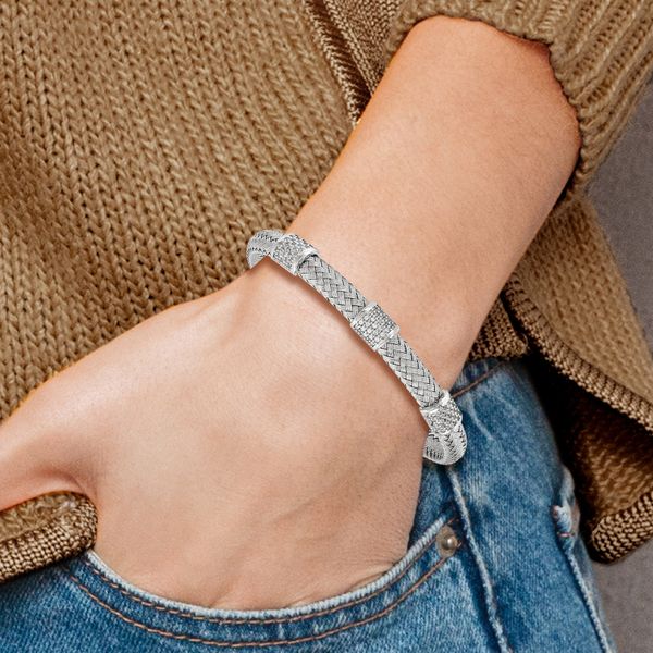 Leslie's Sterling Silver Rhodium-plated CZ Woven Flexible Cuff - Image 3