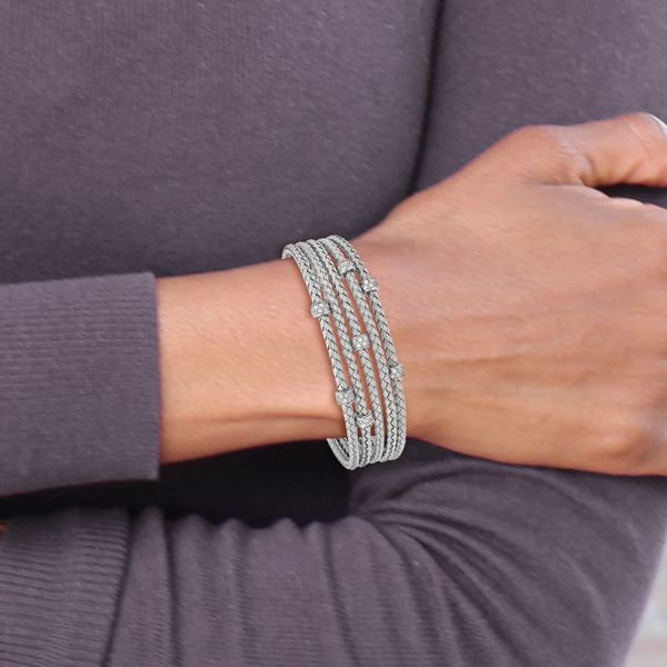 Leslie's Sterling Silver Rhodium-plated CZ Woven Flexible Cuff - Image 4