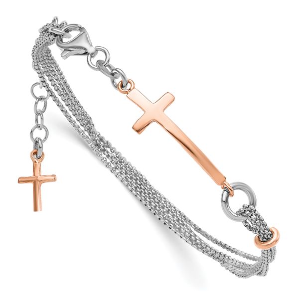 Leslie's Sterling Silver w/Rose-tone Cross w/1.5in ext. w/Cross Bracelet - Image 3