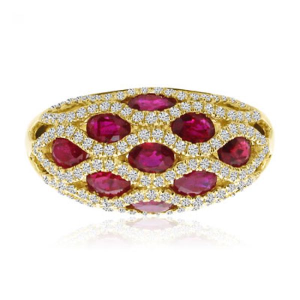 14K Yellow Gold Oval Ruby and Diamond Basket Weave Precious Fashion Ring