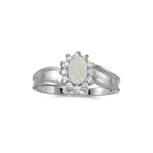14k White Gold Oval Opal And Diamond Ring